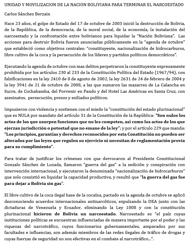 Unidad y movilización de la nación boliviana para terminar el narcoestado (PDF)